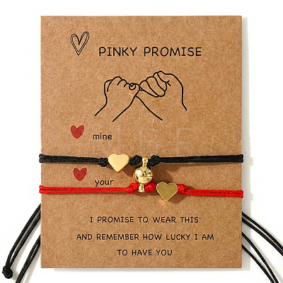 Adjustable Metal Heart Nylon Cord Braided Bead Couple Bracelet Set with Magnetic Clasps YE4942-2-1