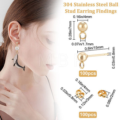 100Pcs 304 Stainless Steel Ball Stud Earring Findings STAS-BBC0002-42-1