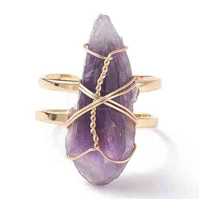 Roungh Raw Natural Gemstone Wire Wrapped Open Cuff Rings for Girl Women RJEW-JR00429-1