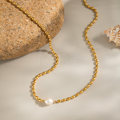 French Natural Freshwater Pearl Potato Stainless Steel Rice Beaded Necklaces for Women KT1786-1