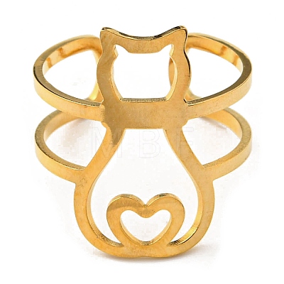 304 Stainless Steel Hollow Cat Open Cuff Ring RJEW-F149-02G-1