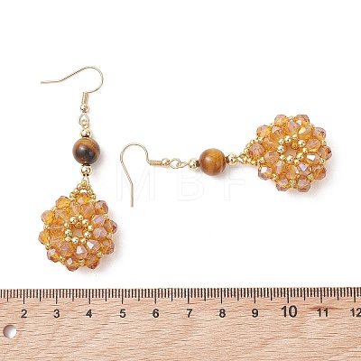 Flower Glass Seed Beads & Natural Tiger Eye Dangle Earrings EJEW-MZ00697-03-1