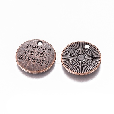 Tibetan Style Alloy Flat Round Carved Word Never Give Up Pendants X-TIBEP-12585-R-NR-1
