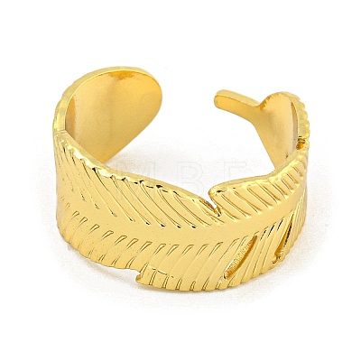 304 Stainless Steel Feather Open Cuff Rings for Women RJEW-G321-09G-1