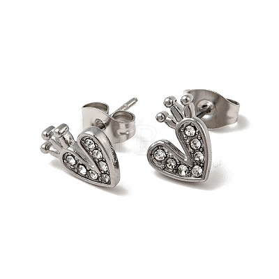 Heart with Crown 304 Stainless Steel Rhinestone Stud Earrings EJEW-A081-16P-1