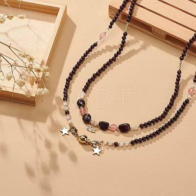 2Pcs 2 Style Natural Garnet & Cherry Quartz Glass Beaded Necklaces Set with 304 Stainless Steel Star & Lotus Charms NJEW-JN04073-1