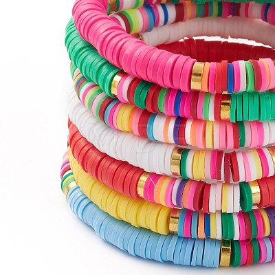 7Pcs Rainbow Polymer Clay Heishi Beads Stretch Bracelets Set X-BJEW-JB05882-1