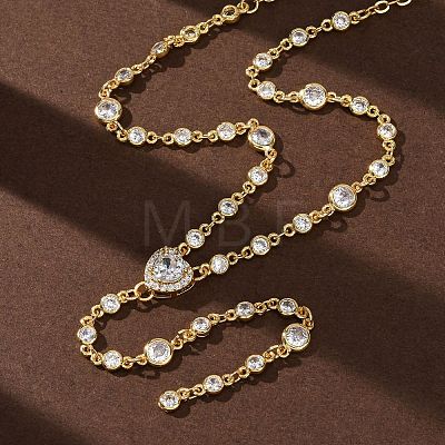 Brass Pave Cubic Zirconia Heart Pendant Y Tassel Necklaces for Women NJEW-A071-01G-08-1