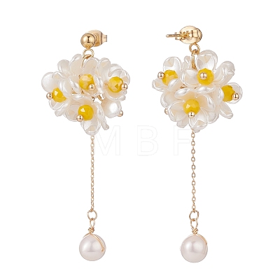 Plastic Pearl Cluster Flower with Long Tassel Dangle Stud Earrings EJEW-TA00119-1