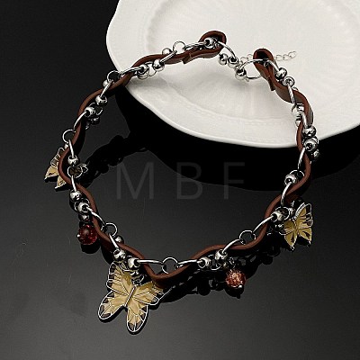 Vintage Alloy Butterfly & Round Glass Pendant Imitation Leather Braided Choker Necklaces for Women WG01279-02-1