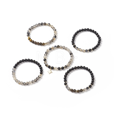 5Pcs 5 Style Natural Mixed Gemstone Round Beaded Stretch Bracelets Set BJEW-JB08829-1