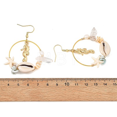 Alloy & Natural Shell & Natural Quartz Crystal & Natural Larimar & Synthetic Turquoise Dangle Earrings EJEW-JE07515-1