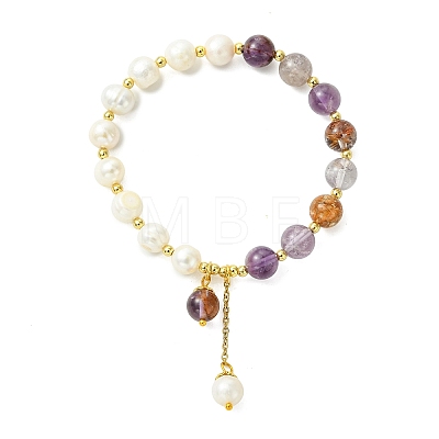 Round Natural Lodolite Quartz & Cultured Freshwater Pearl Beaded Charm Bracelets BJEW-JB14061-03-1