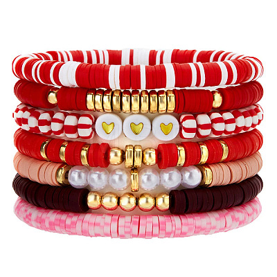 7Pcs Heart Pattern Polymer Clay & Plastic Pearl & CCB Plastic Beaded Stretch Bracelet Set for Women FS-WG634BB-12-1