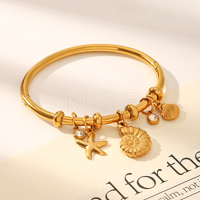 Ocean 304 Stainless Steel Pave Clear Cubic Zirconia Starfish Shell Shape Charm Hinged Cuff Bangles for Women WGCC196-01-1