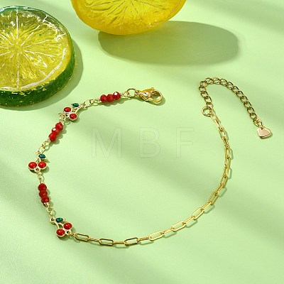 Brass Enamel Red Cherry Link and Paperclip Chain Anklets for Women AJEW-AN00815-1