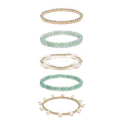 5Pcs 5 Style Natural Green Aventurine & Brass Beaded Stretch Bracelets Set BJEW-JB08870-03-1