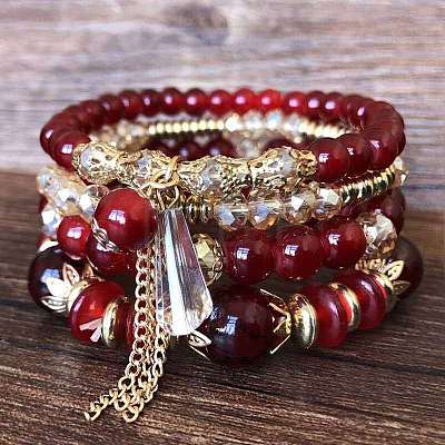 4Pcs 4 Styles Bohemian Style Alloy Glass Round Beaded Stretch Bracelets FS-WG80D8B-01-1