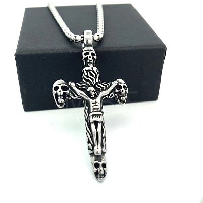 Vintage Punk 304 Stainless Steel Skull Jesus Cross Pendant Necklaces for Men AP1253-1