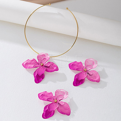 Flower Alloy Stud Earrings & Pendant Choker Sets for Women WG356AA-01-1