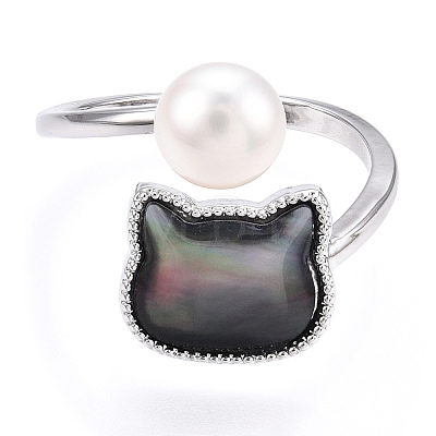 Natural Pearl Finger Open Cuff  Ring with Black Shell PEAR-N022-C01-1