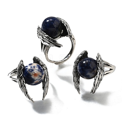 Natural Sodalite Wings Adjustable Rings RJEW-K241-04AS-06-1