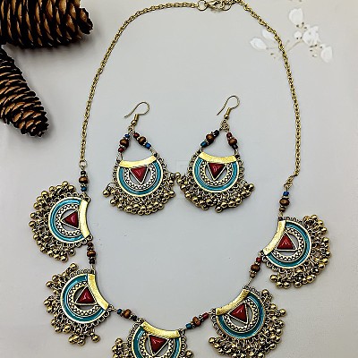 Bohemian Alloy Enamel & Wood Bead & Glass & Resin Tassel Pendant Necklaces & Dangle Earrings Sets FS-WG7EA3D-01-1