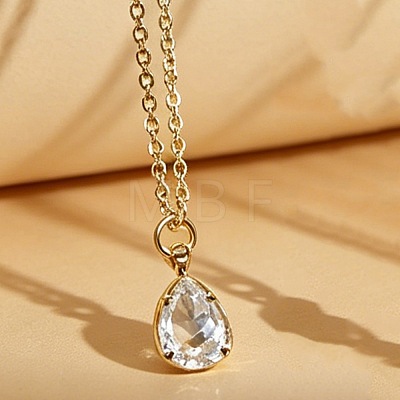 Brass Pave Clear Cubic Zirconia Teardrop Pendant Necklaces for Women WGBD698-01-1