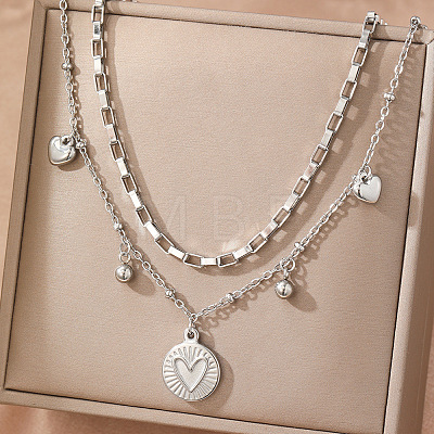 304 Stainless Steel Disc Heart Pendant Double Layer Necklaces for Women WG4F0FA-02-1