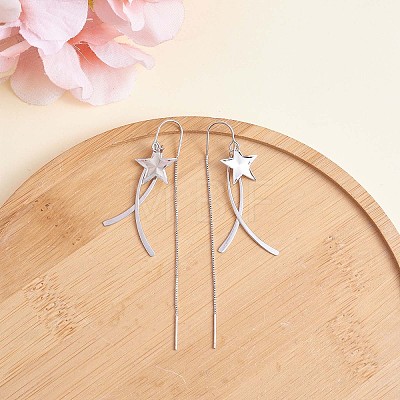 Anti-Tarnish Rhodium Plated 925 Sterling Silver Star with Chain Tassel Dangle Earrings JE1043A-1