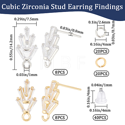8 Pairs 2 Color Flower Shape Brass Cubic Zirconia Stud Earring Findings KK-CN0003-21-1