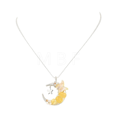 Natural Topaz Jade Wire Wrapped Moon with Acrylic Butterfly Pendant 304 Stainless Steel Ball Chain Necklaces NJEW-TA00266-03-1
