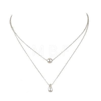 304 Stainless Steel Round Teardrop Pendant Cable Chain Double Layer Necklaces for Women NJEW-B083-03P-1