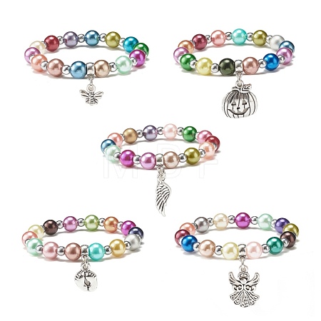 Imitation Pearl Beaded Stretch Bracelet with Drop Charm for Kids BJEW-JB07638-1