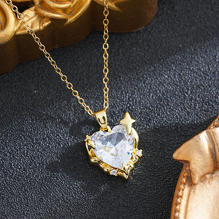 Brass Pave Clear Cubic Zirconia Heart Pendant 201 Stainless Steel Cable Chain Necklaces for Women WG49CC0-01-1