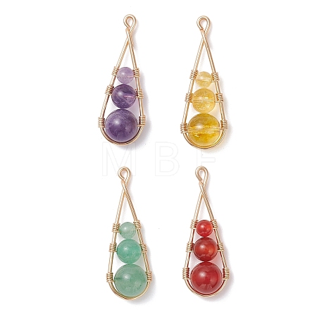 4Pcs 4 Styles Dyed Natural Quartz Crystal & Carnelian & Green Aventurine & Amethyst Round Beaded Pendants PALLOY-TA00347-02-1