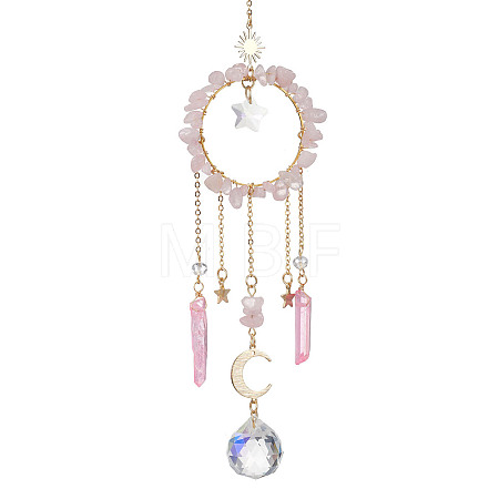 Natural Rose Quartz Chip Pendant Decorations with Brass Moon & Cable Chain & Electroplated Quartz Crystal Tassel HJEW-JM01650-04-1