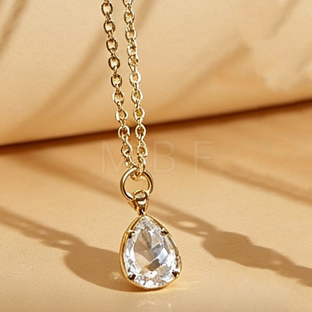 Brass Pave Clear Cubic Zirconia Teardrop Pendant Necklaces for Women WGBD698-01-1