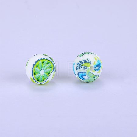 Printed Round with kiwi Pattern Silicone Focal Beads SI-JX0056A-179-1
