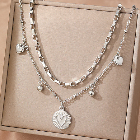 304 Stainless Steel Disc Heart Pendant Double Layer Necklaces for Women WG4F0FA-02-1