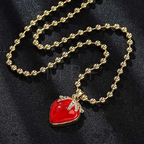 Brass Red Enamel Strawberry Pendant Ball Chain Necklaces NJEW-Z059-02G-1