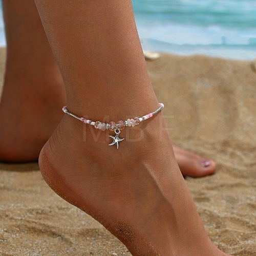 Natural Rose Quartz Chips Beads Anklets WGE754A-03-1