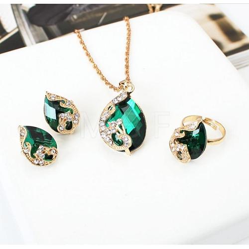 Alloy Glass Pendant Necklaces & Stud Earrings & Rings Sets WGA5C1C-02-1