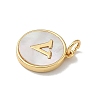 Brass Pave Natural Shell Flat Round with Letter Charms KK-Z115-13G-V-2