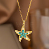 Ocean Brass Pave Turquoise Cubic Zirconia & Imitation Pearl Starfish Pendant 304 Stainless Steel Cable Chain Necklaces for Women WGB0B07-01-1