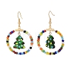 Glass Seed Beaded Ring with Lampwork Christmas Tree Dangle Earrings EJEW-TA00231-1