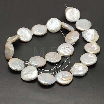 Flat Round Nucleated Natural Cultured Freshwater Pearl Beads Strands PEAR-F001-03-1
