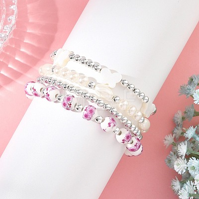 4Pcs 4 Styles Printed Porcelain Beads & Synthetic Hematite Beads & Shell Beads & ABS Plastic Pearl Stretch Bracelets Sets for Women BJEW-JB14203-02-1