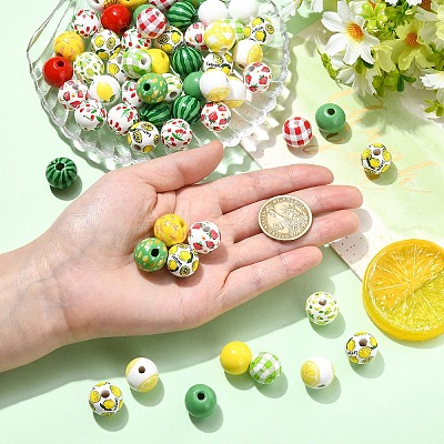 100Pcs 10 Styles Spray Painted Round Natural Schima Wood Beads WOOD-YW0001-85-1