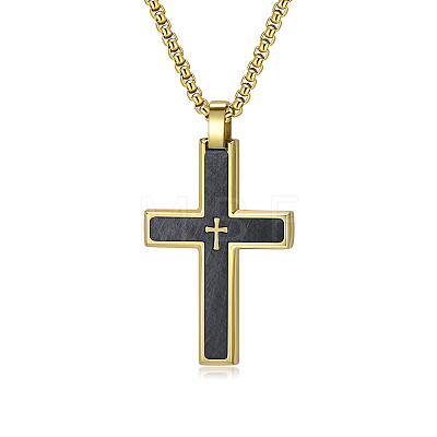 304 Stainless Steel with Wood Religion Cross Pendant Box Chain Necklaces for Men FS-WGA9A37-03-1